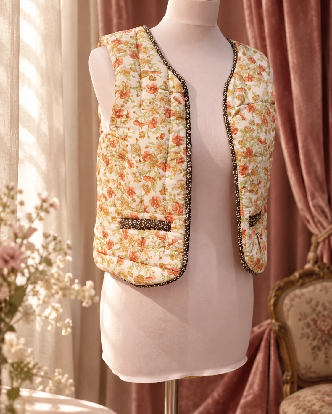 Gilet fleuri de Céline sur son mannequin, dans un décor boudoir imaginé